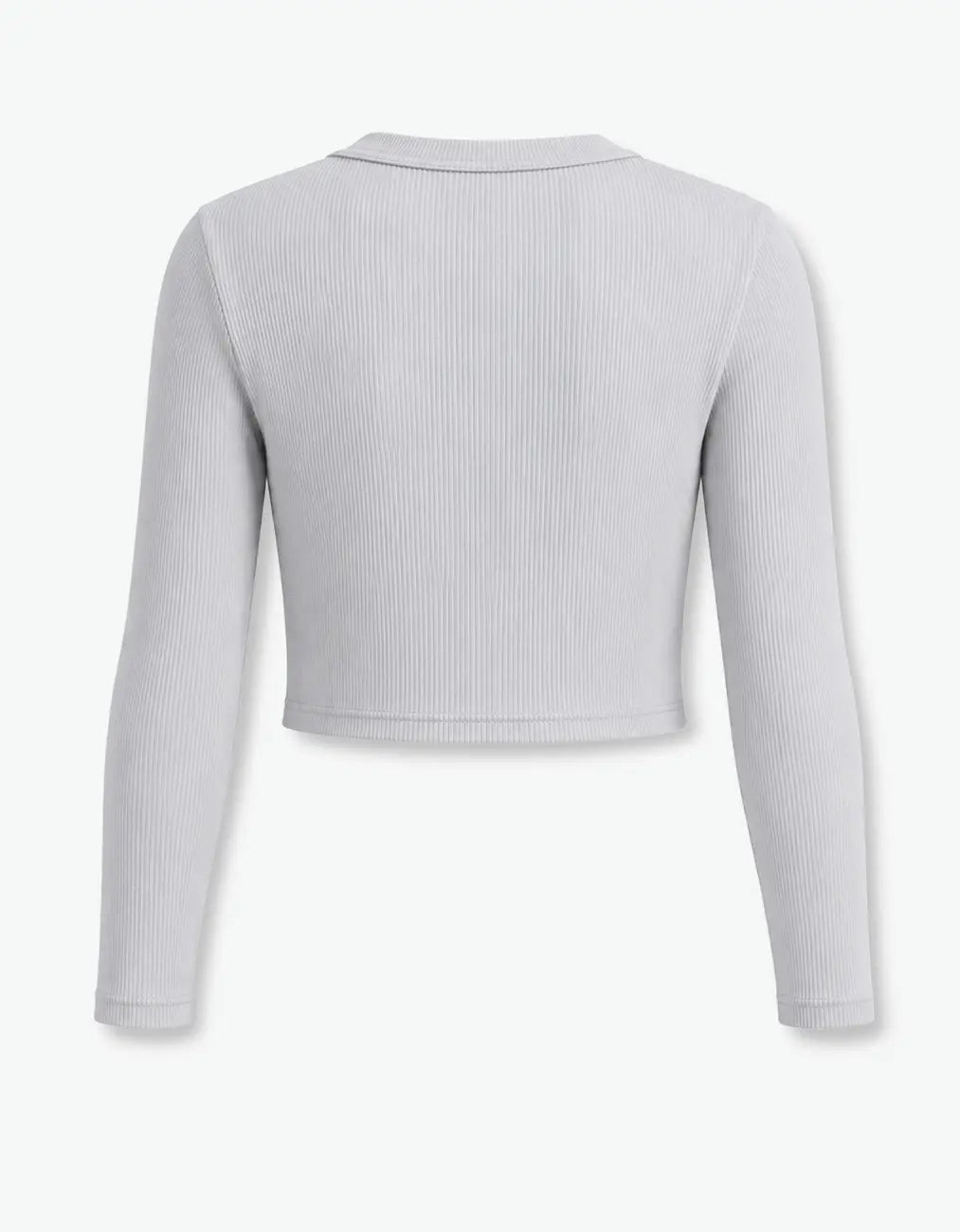 Grey ribbed crop top for girls by Laboosh™, flat back product shot of the long-sleeve ribbed-knit cropped top on a white background
