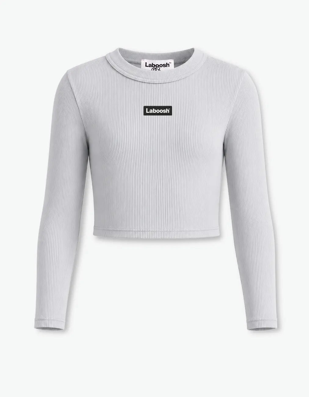 Grey ribbed crop top for girls by Laboosh™, flat front product shot of the long-sleeve ribbed-knit top with Laboosh™ logo on the chest on a white background
