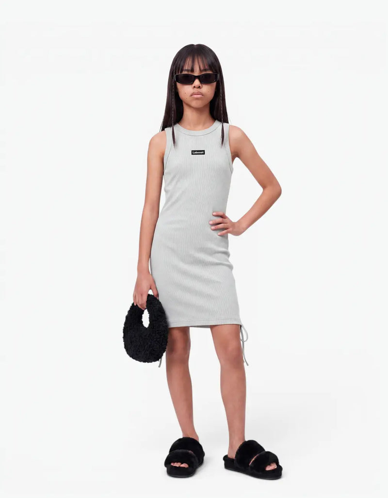 Grey ribbed ruched dress for girls, front view, sleeveless fit with the Laboosh™ logo on the chest, on a white background