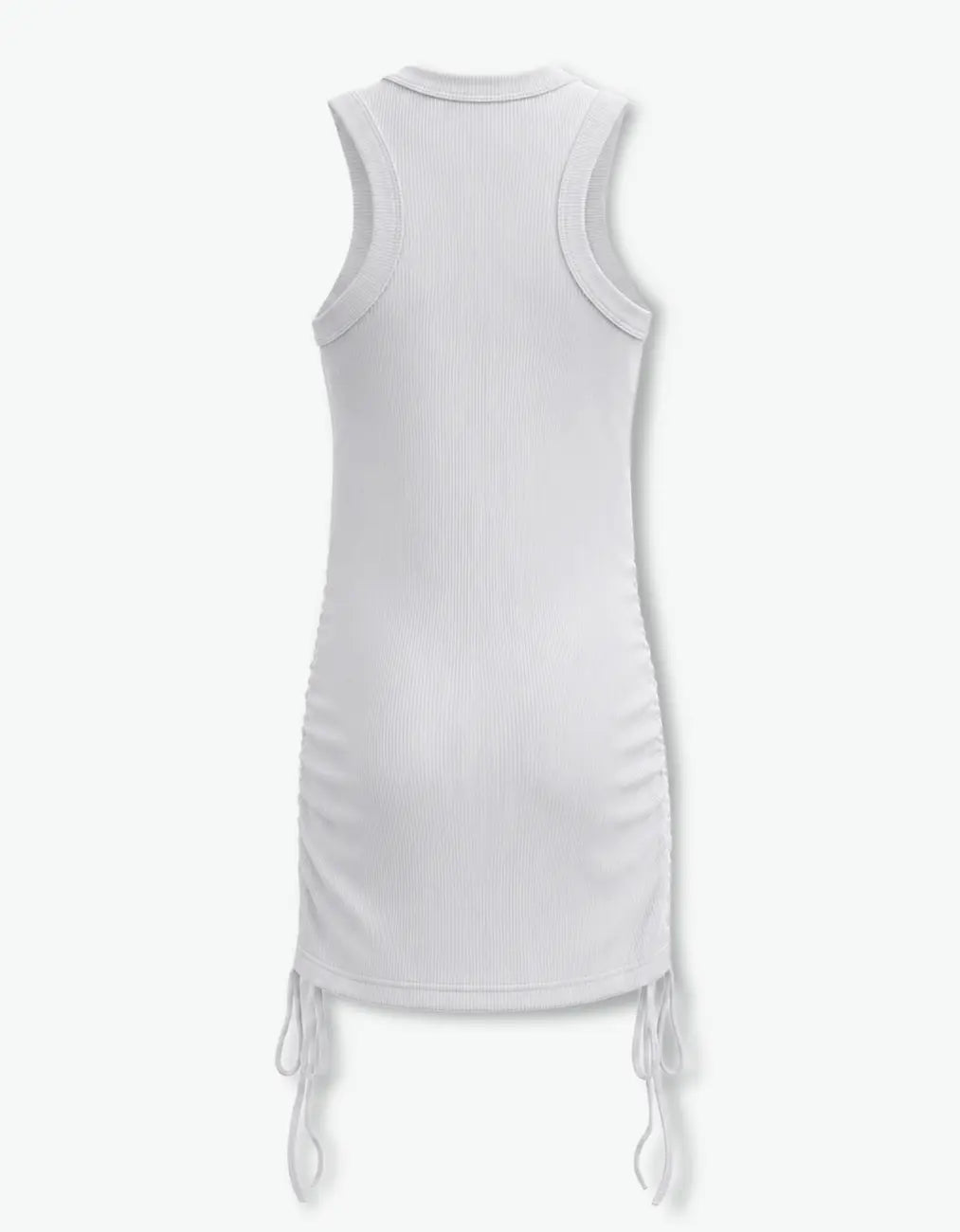Grey ribbed ruched dress flat back product shot showing the sleeveless ribbed knit and ruched side ties, on a white background