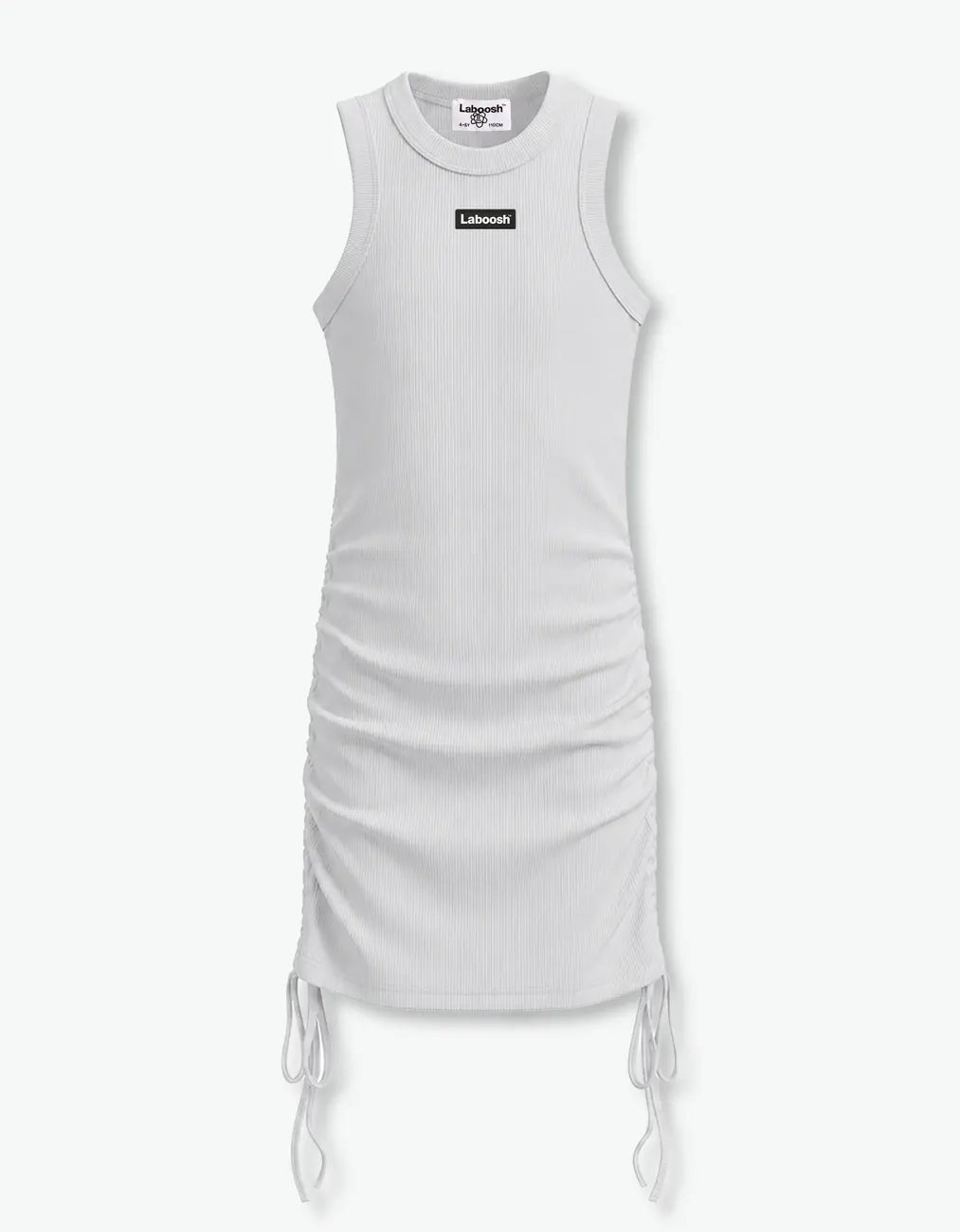Grey ribbed ruched dress flat front product shot with the Laboosh™ logo on the chest and ruched side ties, on a white background