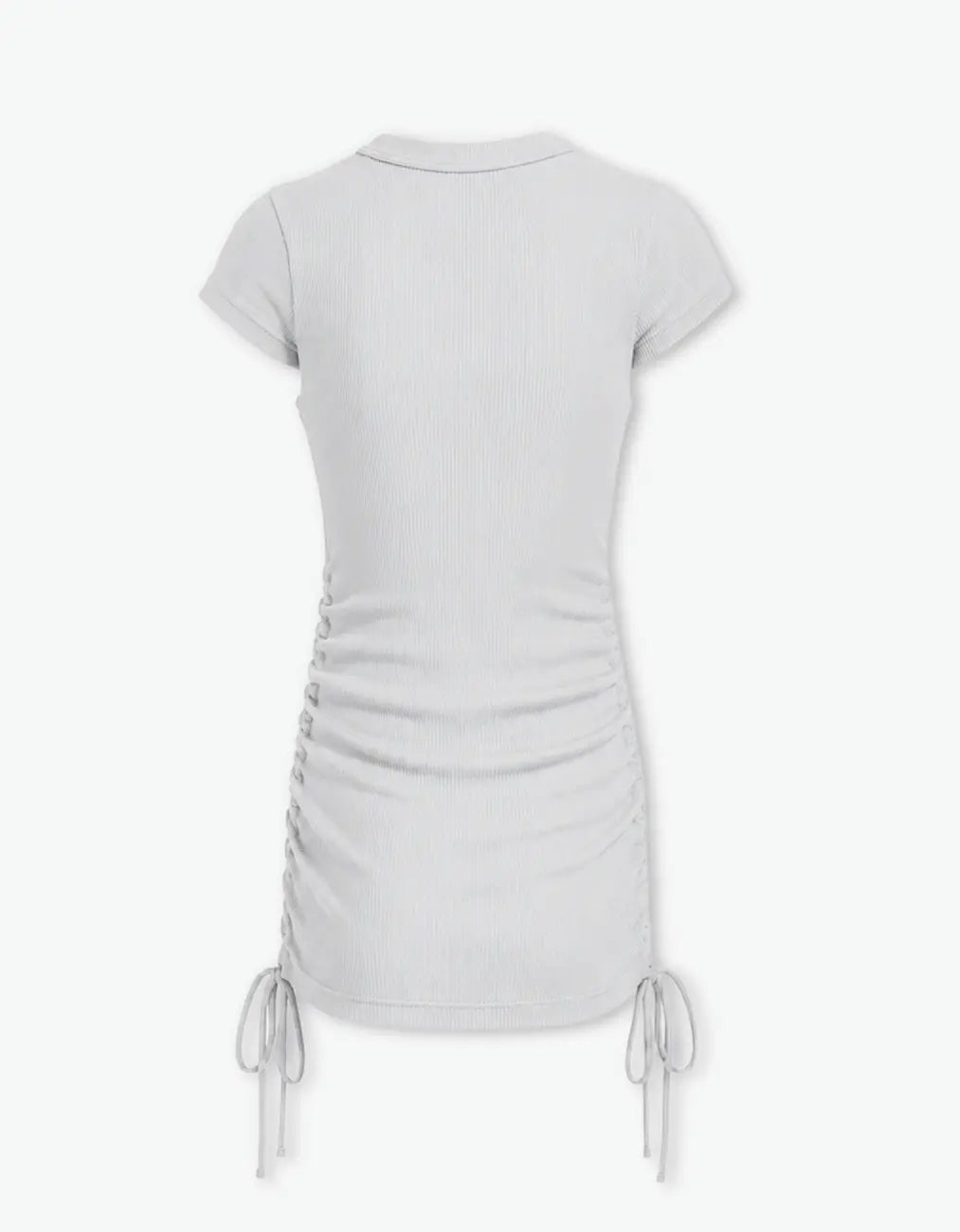 Back view of a grey ribbed ruched dress for girls with short sleeves and side tie details, flat product shot on a white background