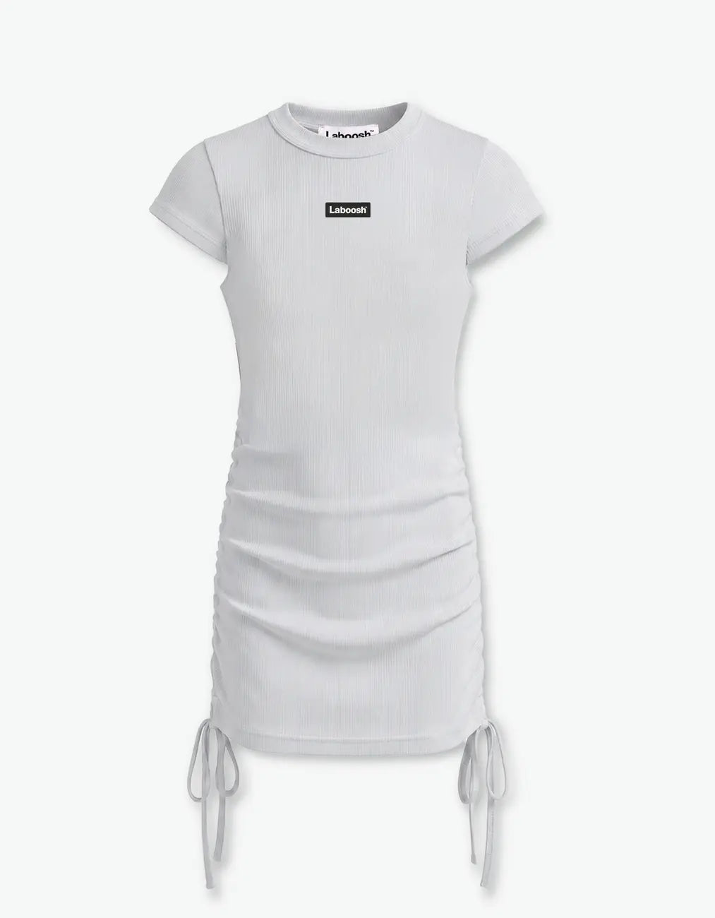 Grey ribbed ruched dress for girls with short sleeves, adjustable side drawstrings and Laboosh™ logo on the chest, flat front product shot on a white background