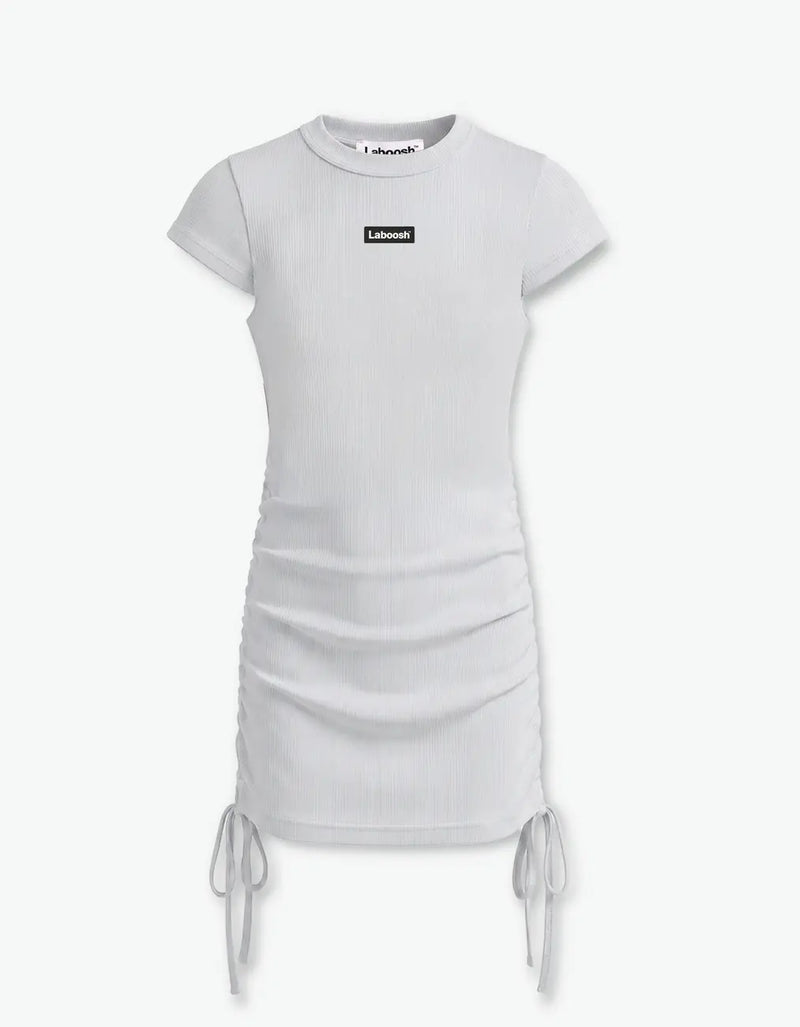 Grey ribbed ruched dress for girls with short sleeves, adjustable side drawstrings and Laboosh™ logo on the chest, flat front product shot on a white background — alt view