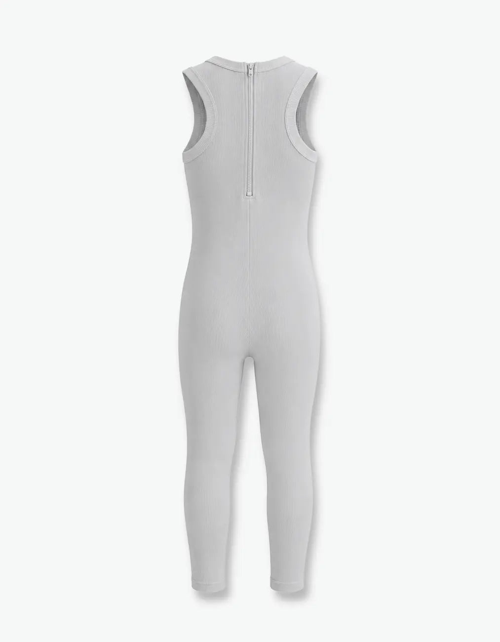 Grey ribbed romper with long pants for girls, back flat lay on white background