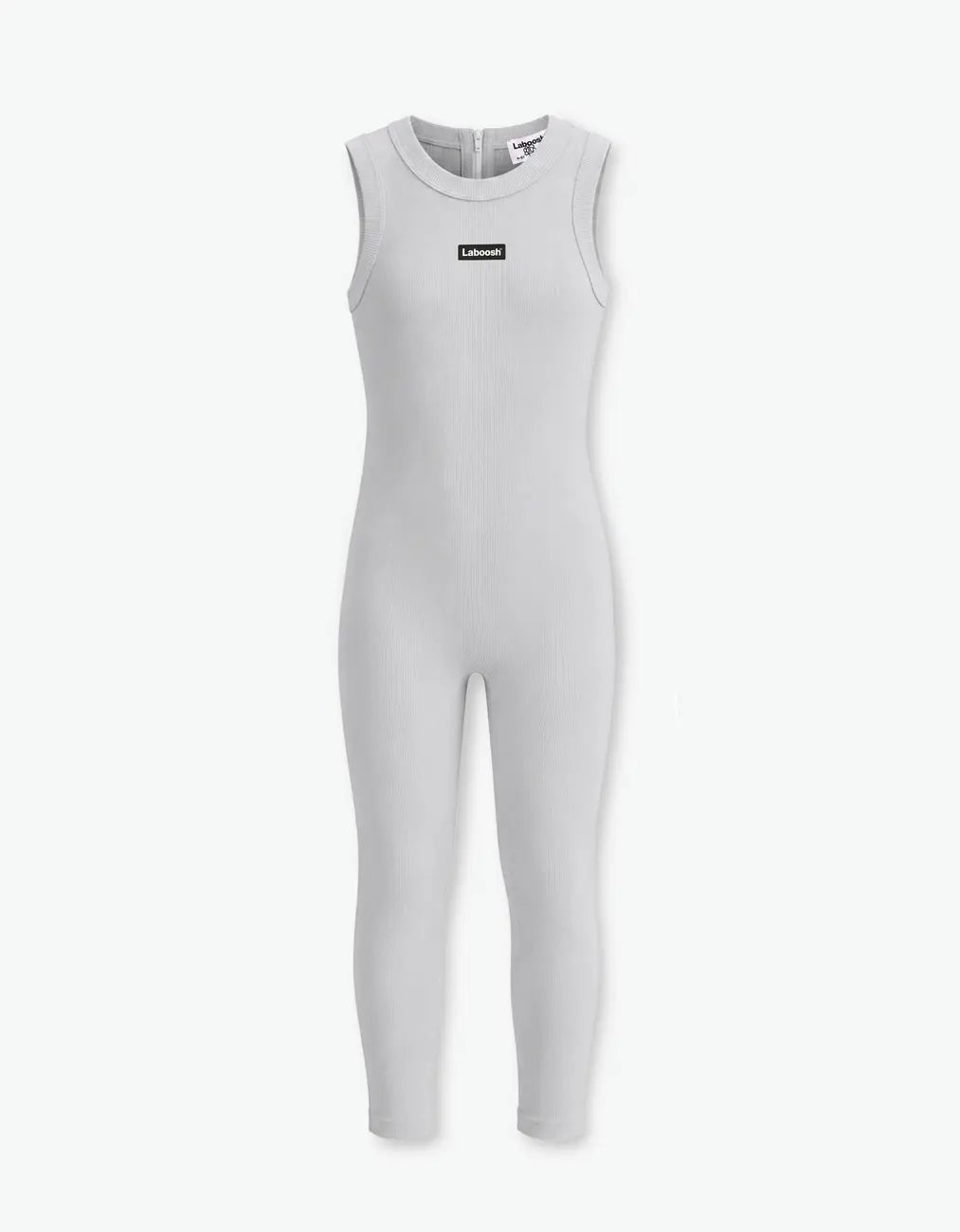 Grey ribbed romper with long pants for girls with Laboosh logo, front flat lay on white background