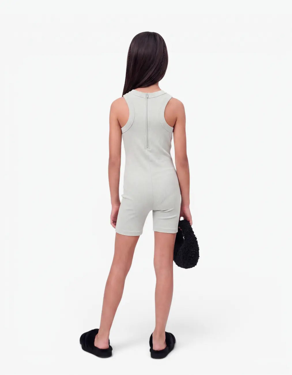 Grey ribbed short romper for girls, back view on white background