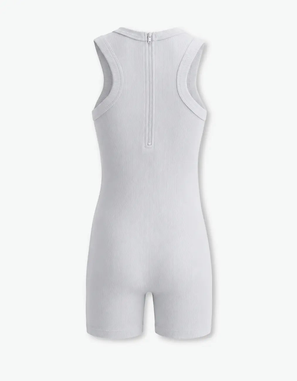 Grey ribbed short romper for girls, back flat lay on white background