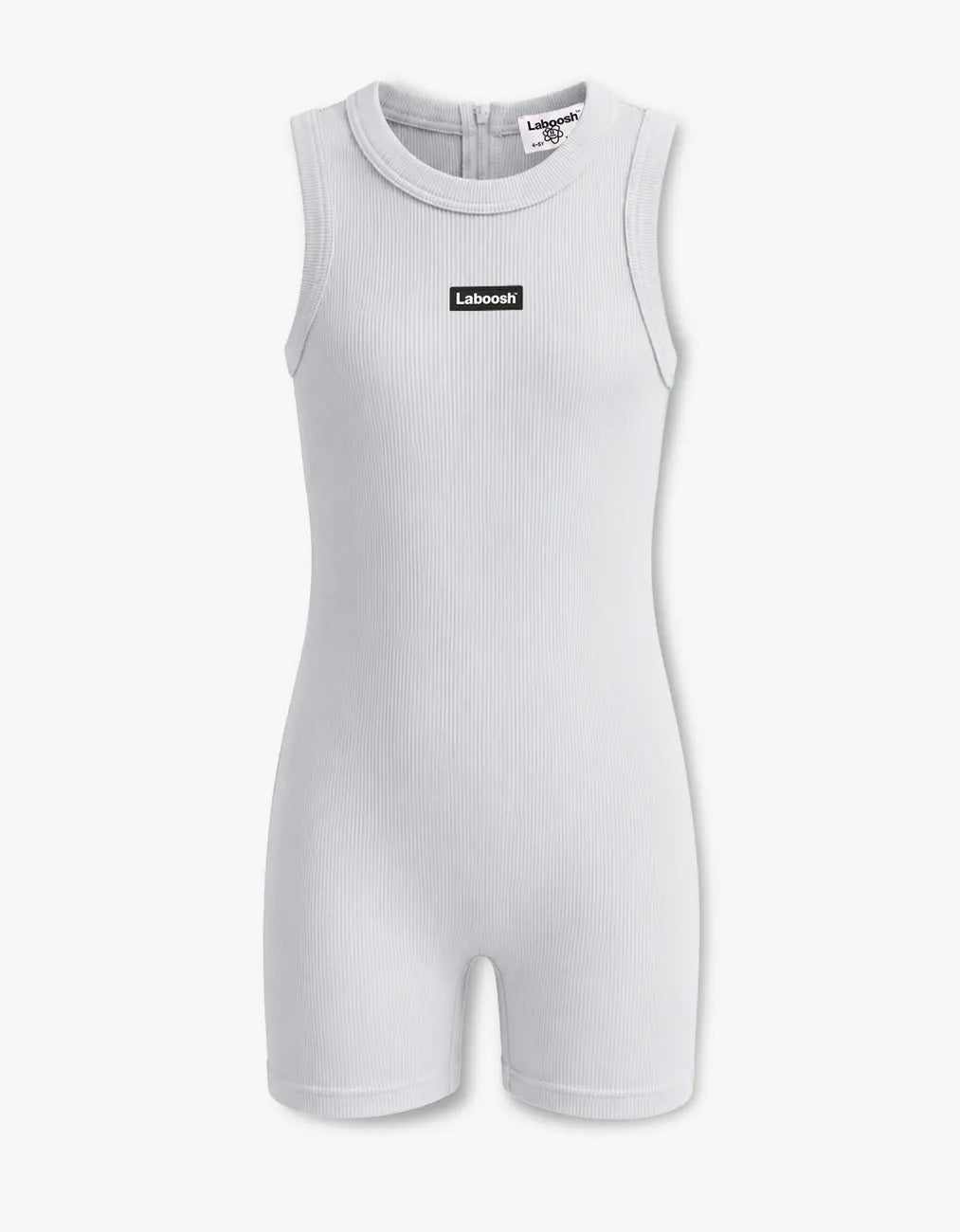 Grey ribbed short romper for girls with Laboosh logo, front flat lay on white background