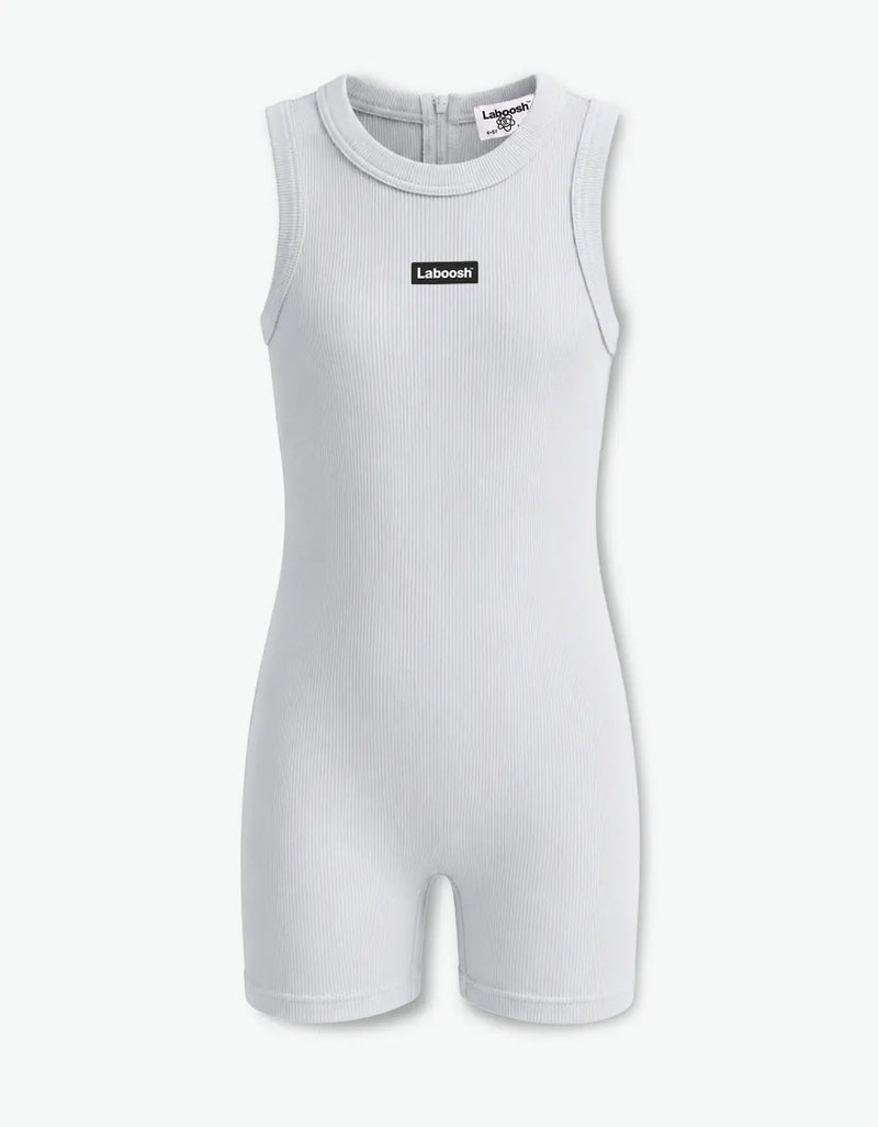 Grey ribbed short romper for girls with Laboosh logo, front flat lay on white background — alt view