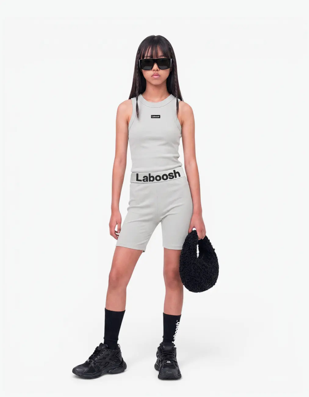 Grey ribbed tank top for girls with Laboosh logo, front view on white background