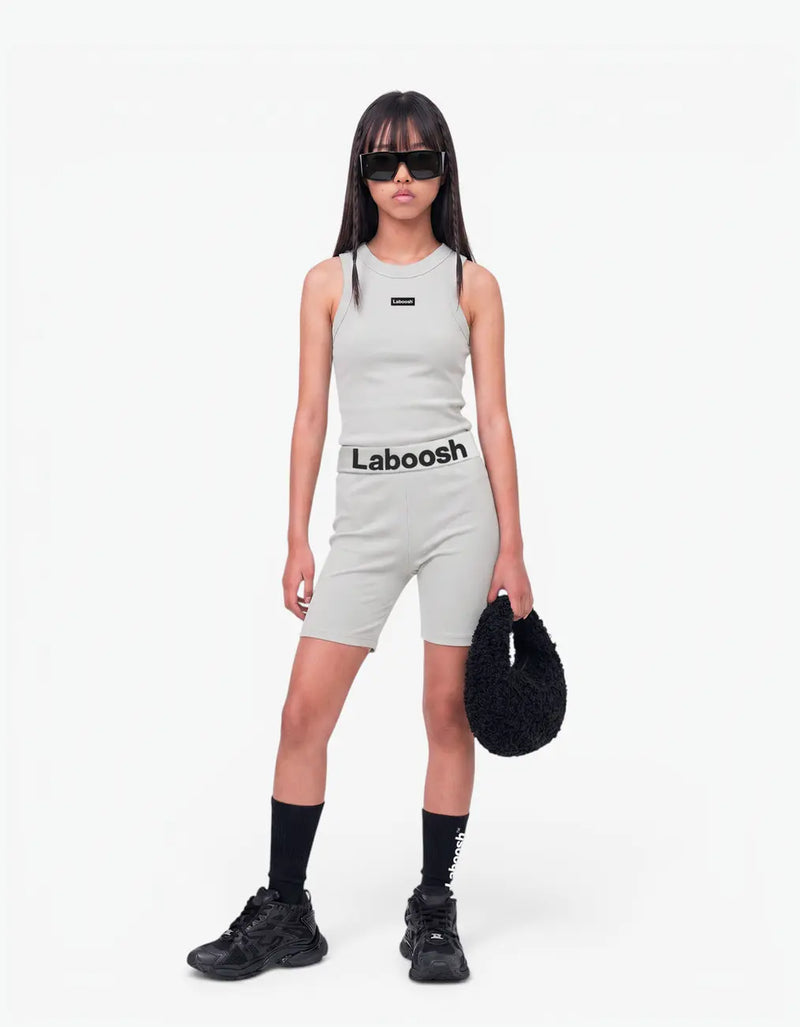 Grey ribbed tank top for girls with Laboosh logo, front view on white background