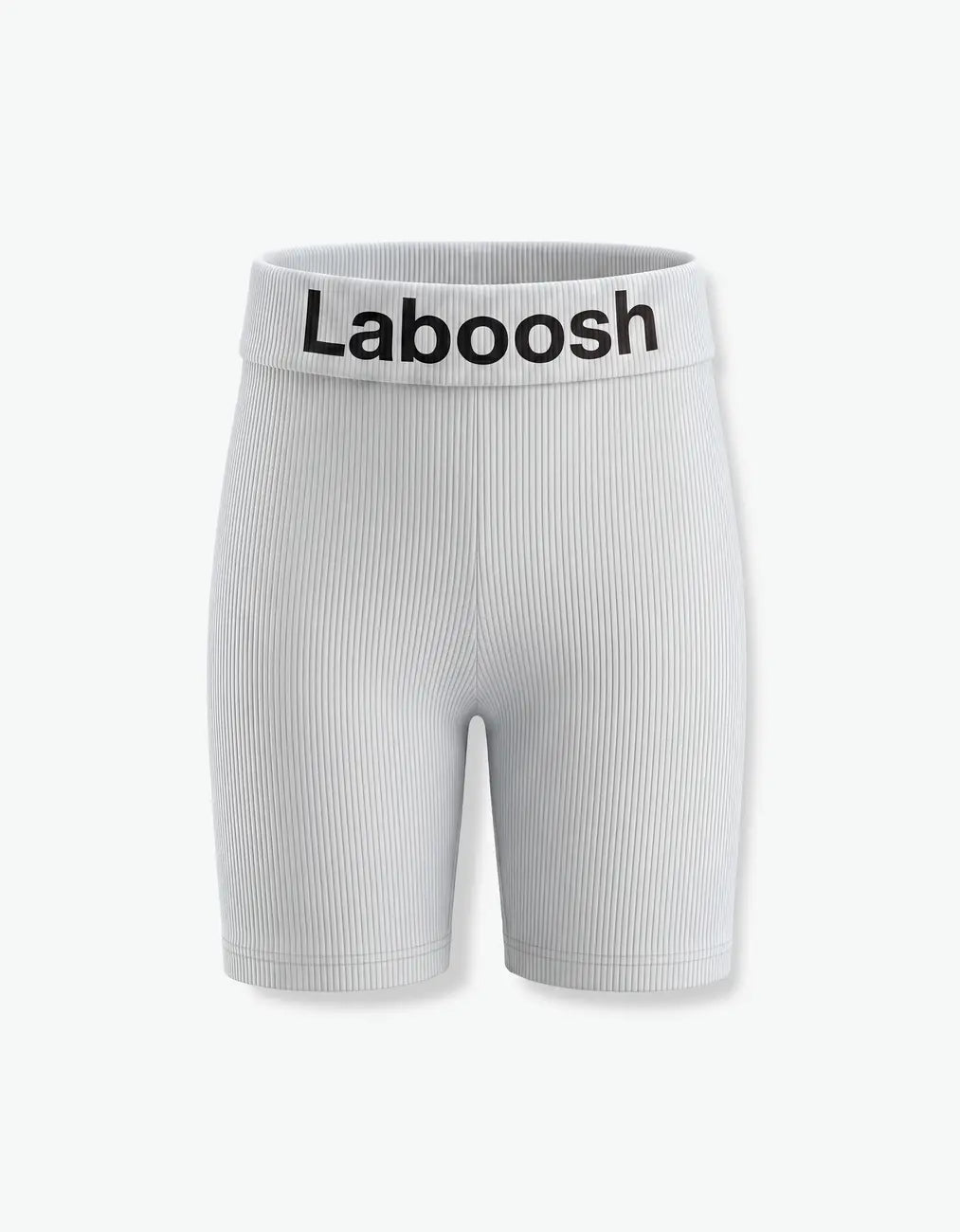 Grey ribbed biker leggings for girls with Laboosh logo waistband, flat front product view on white background
