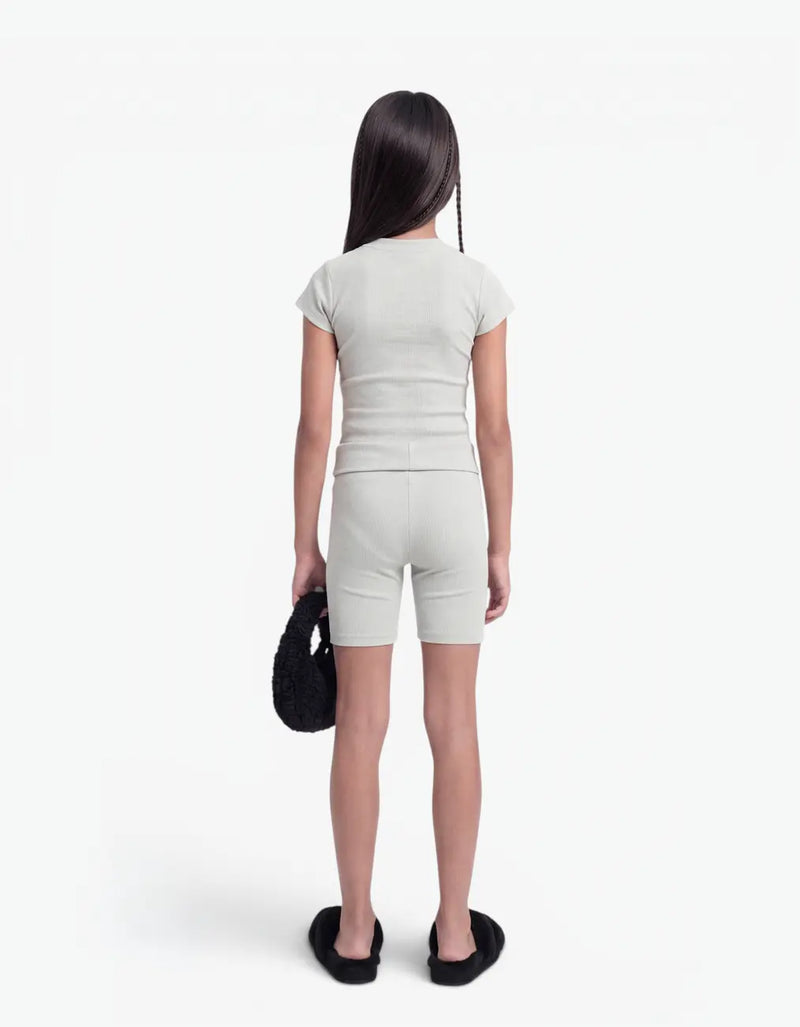Grey ribbed biker leggings for girls, back view on white background — alt view