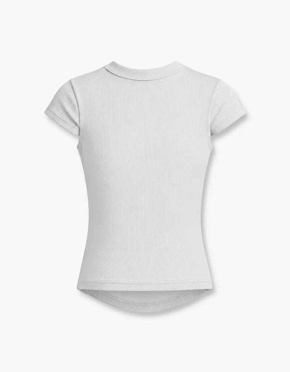 Girl in grey ribbed short sleeve top from Rib Collection, back view, with the Laboosh™ logo on the chest, shown with coordinating Rib Collection staples.