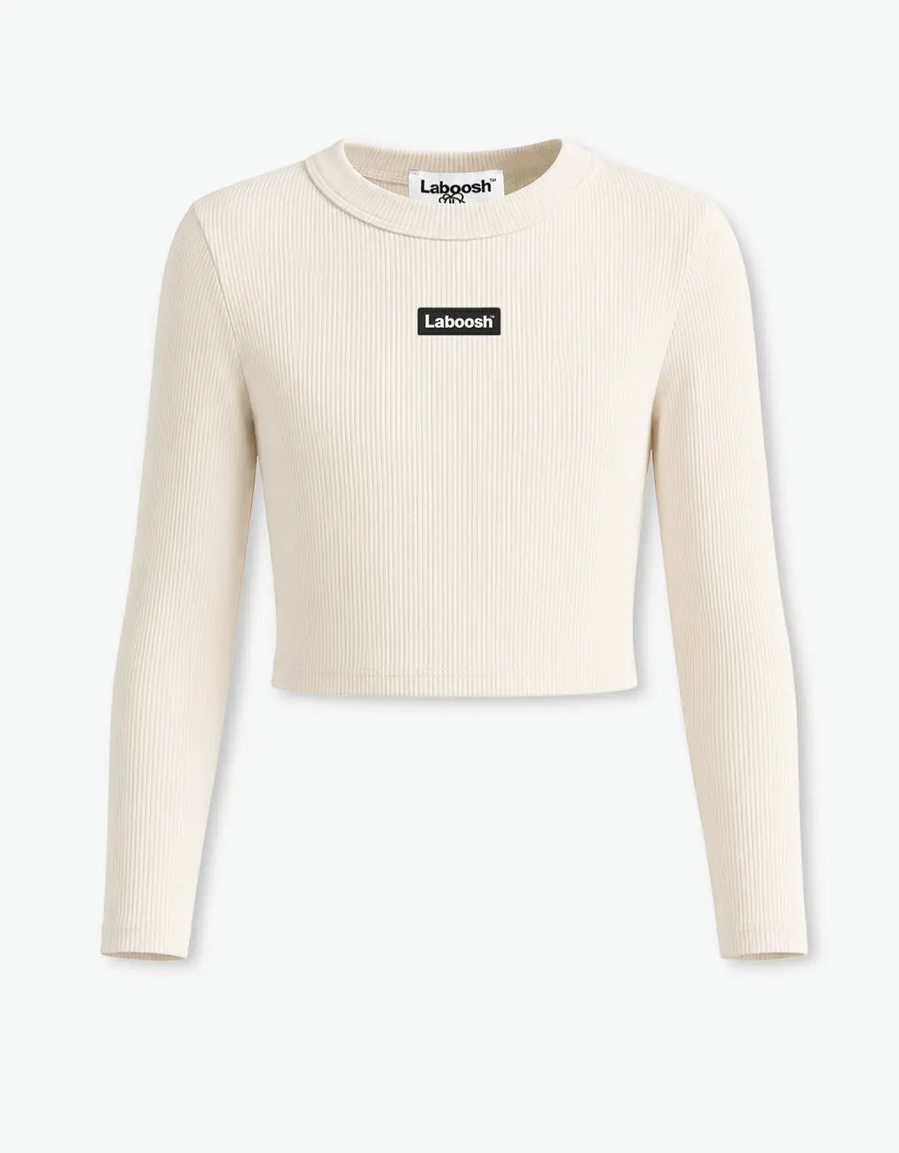 Cream ribbed crop top for girls by Laboosh™, flat front product shot of the long-sleeve ribbed-knit top with Laboosh™ logo on the chest on a white background