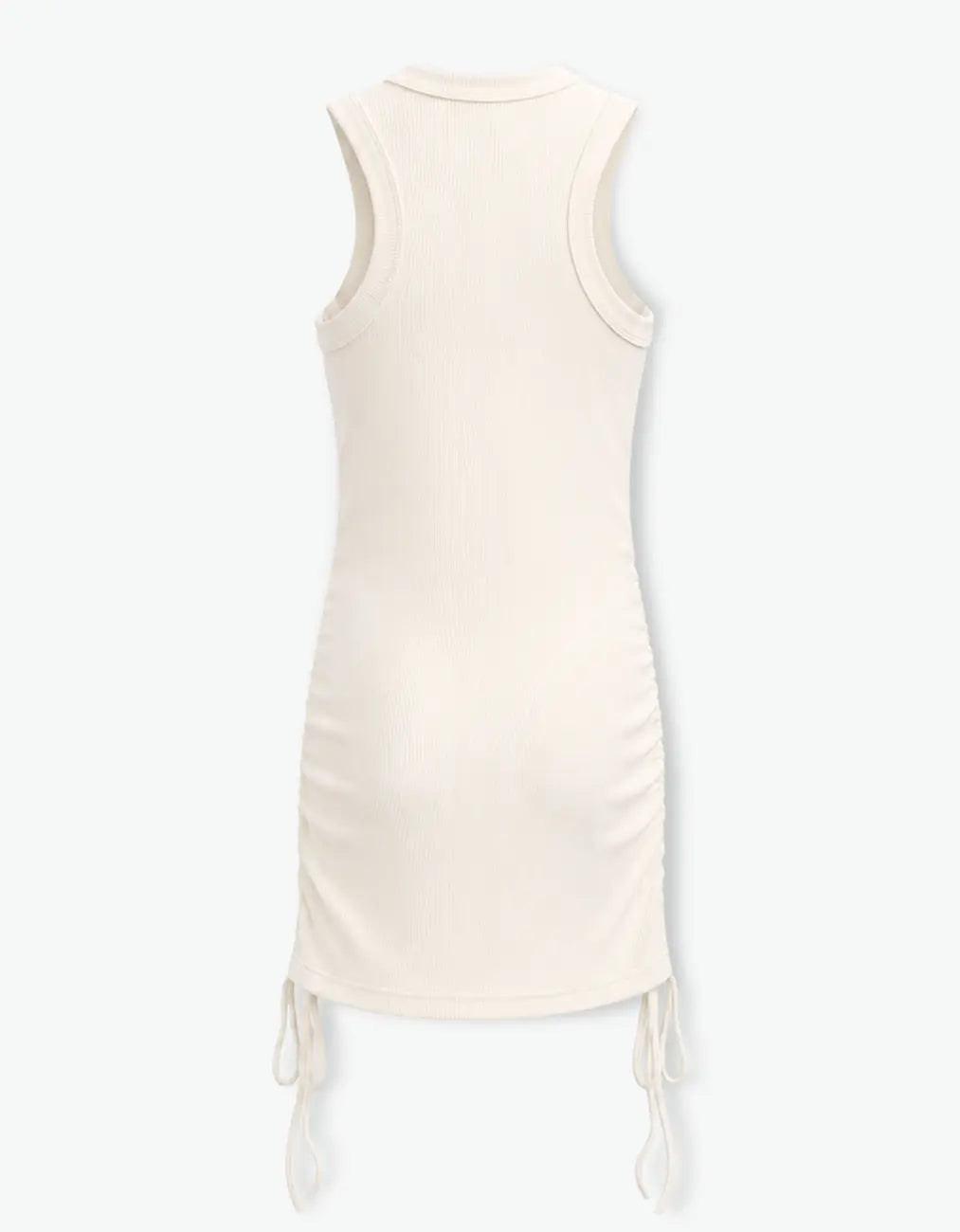 Cream ribbed ruched dress for girls, flat back product shot showing the ruched drawstring sides and ribbed knit, on a white background