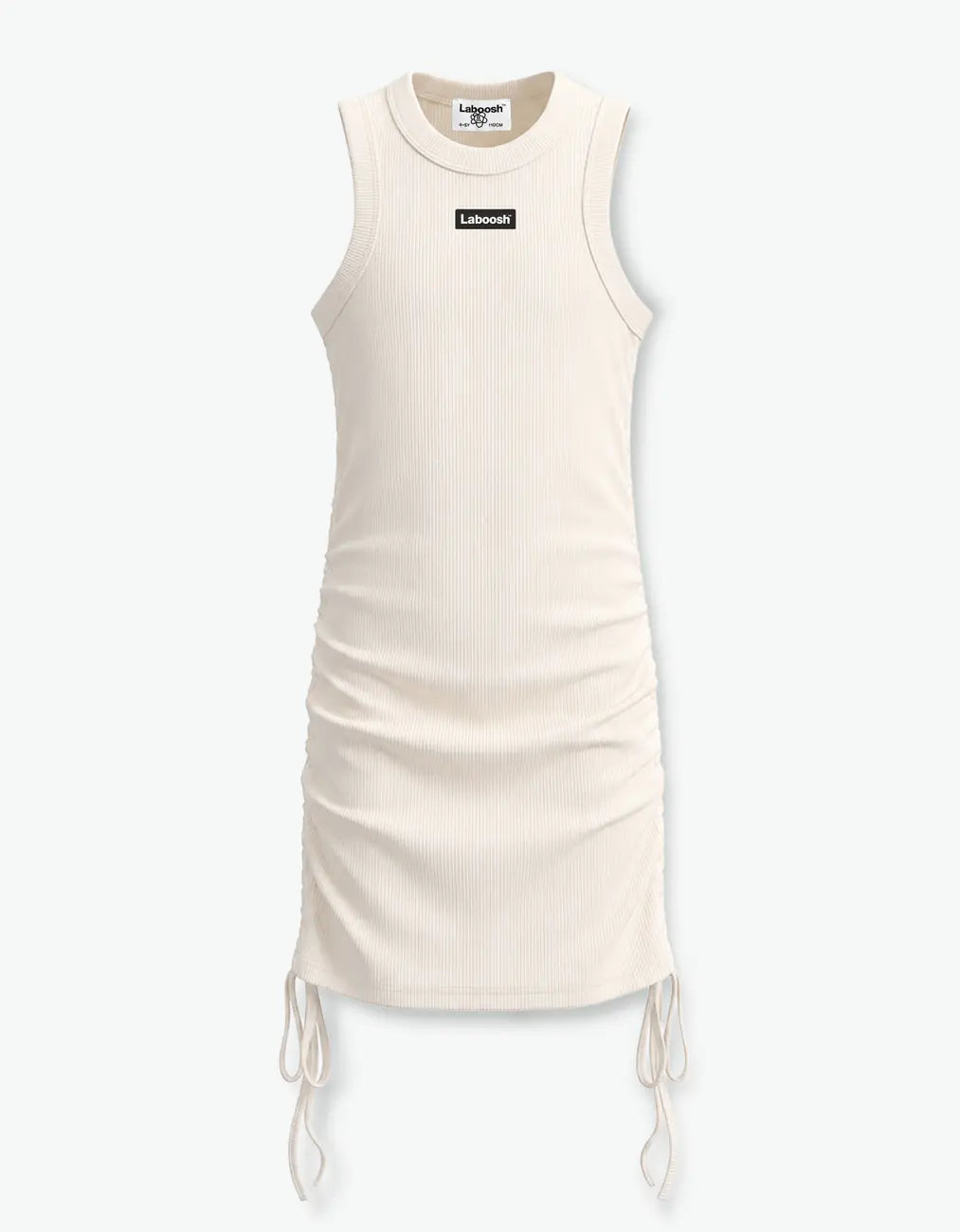 Cream ribbed ruched dress for girls, flat front product shot, sleeveless with drawstring ruched sides and Laboosh™ logo on the chest, on a white background