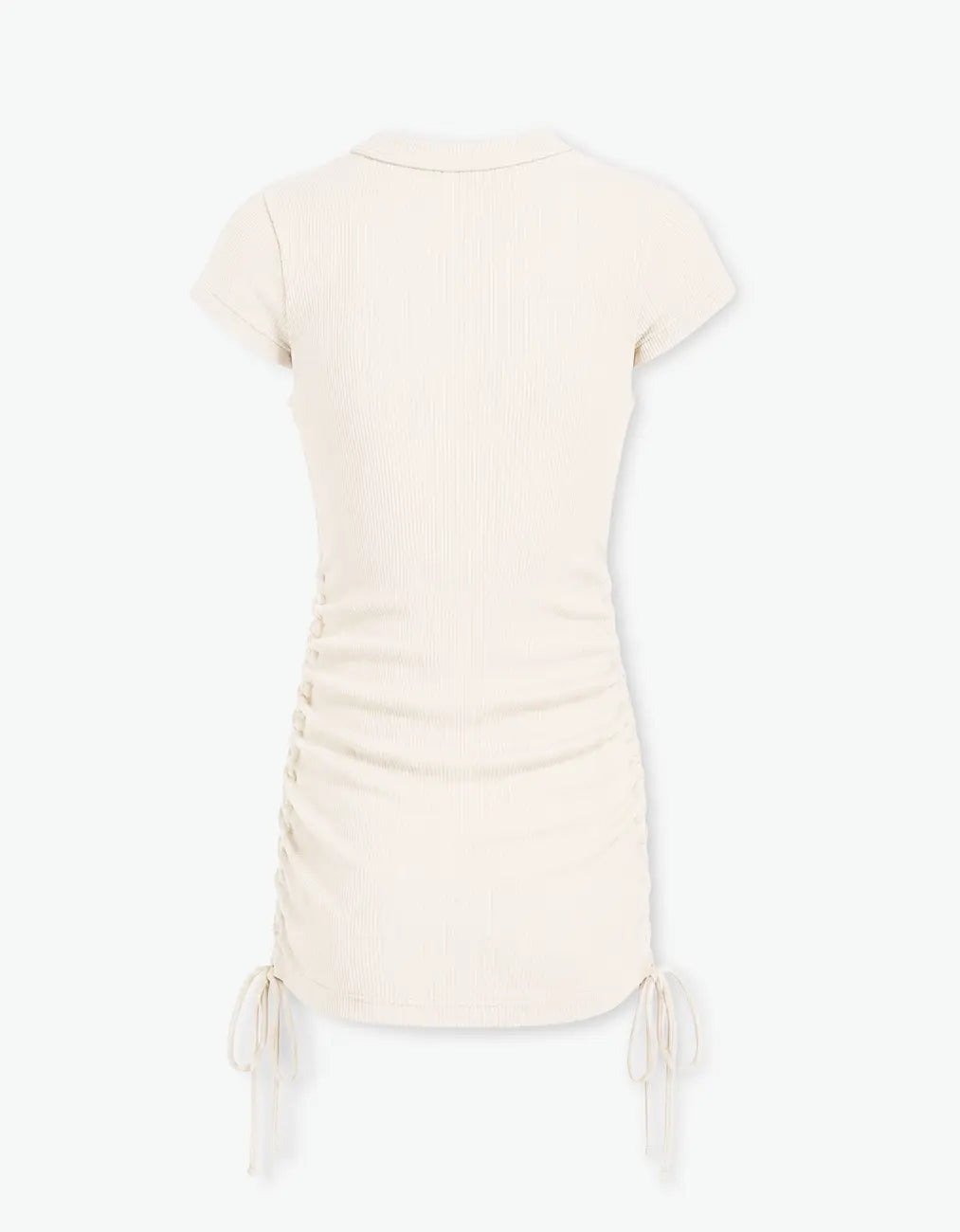 Cream ribbed ruched dress flat back product shot showing the ribbed knit and ruched side ties, on a white background