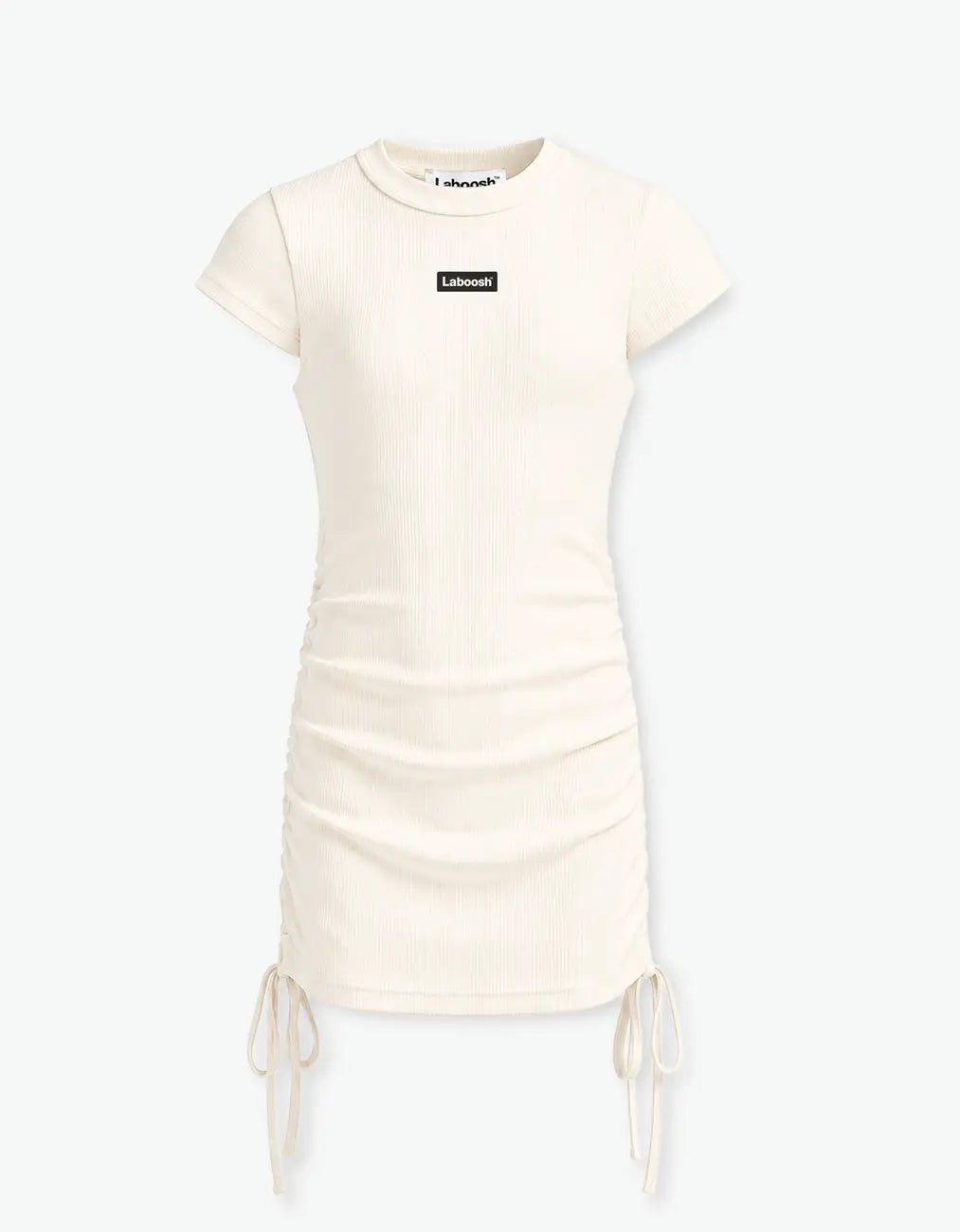 Cream ribbed ruched dress flat front product shot with the Laboosh™ logo on the chest and side ties, on a white background
