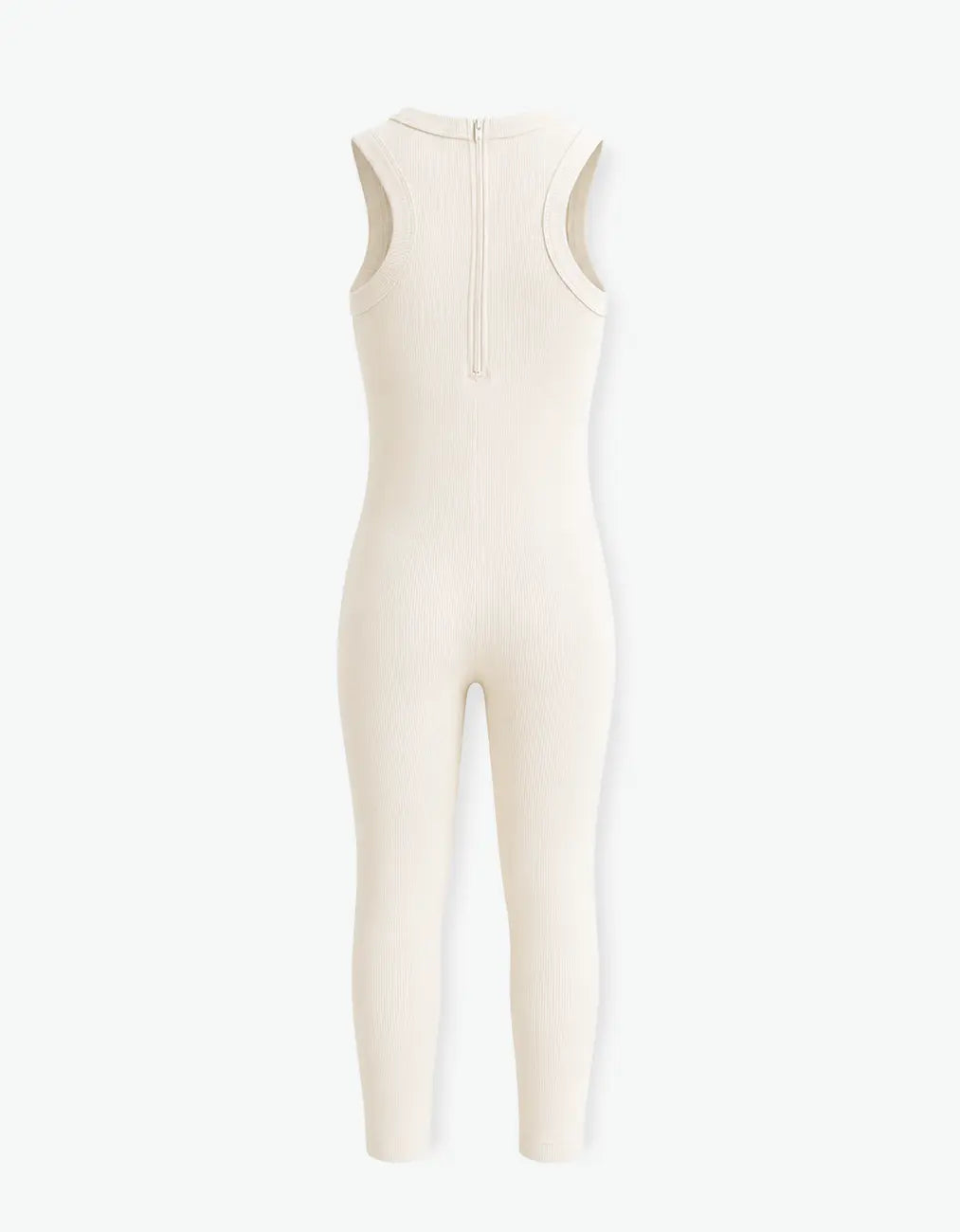 Cream ribbed romper with long pants for girls, back flat lay on white background