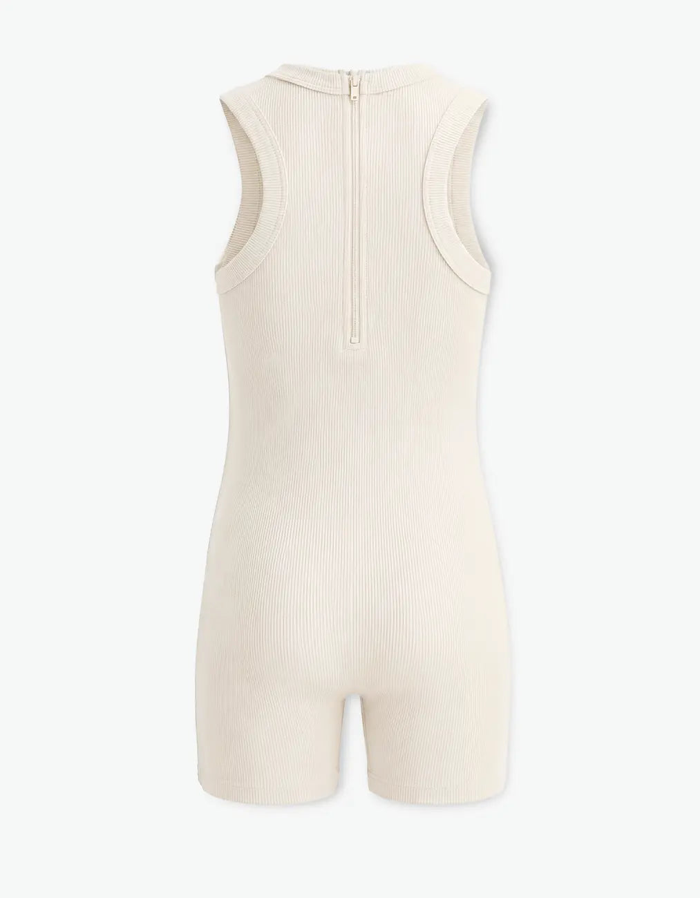 Cream ribbed short romper for girls, back flat lay on white background