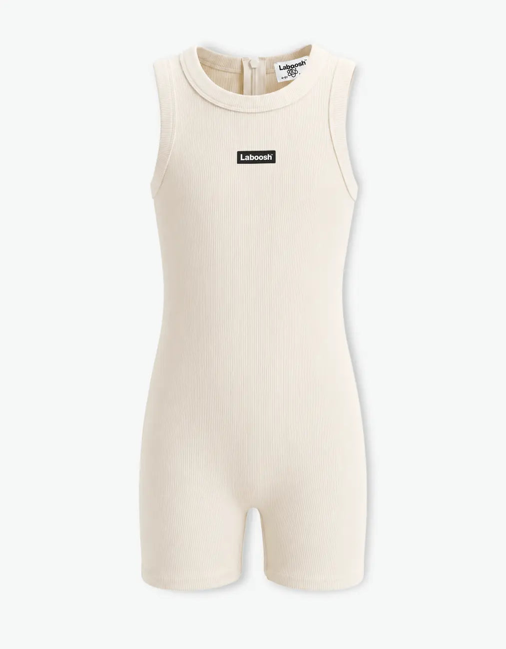 Cream ribbed short romper for girls with Laboosh logo, front flat lay on white background