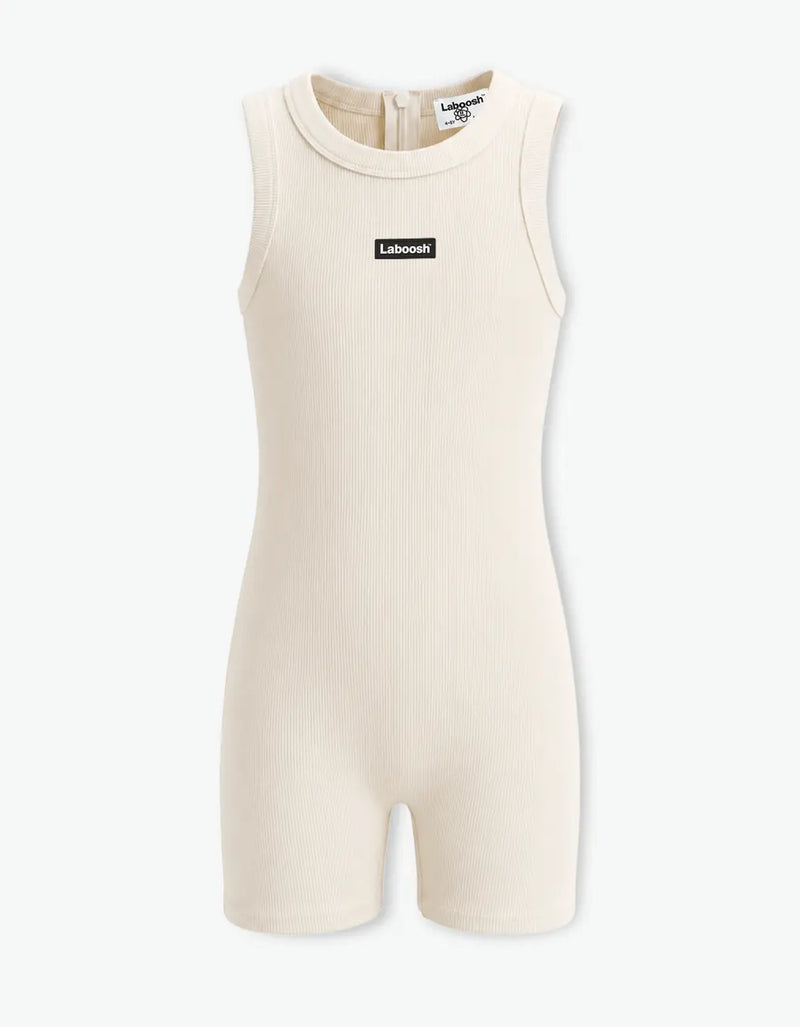 Cream ribbed short romper for girls with Laboosh logo, front flat lay on white background — alt view