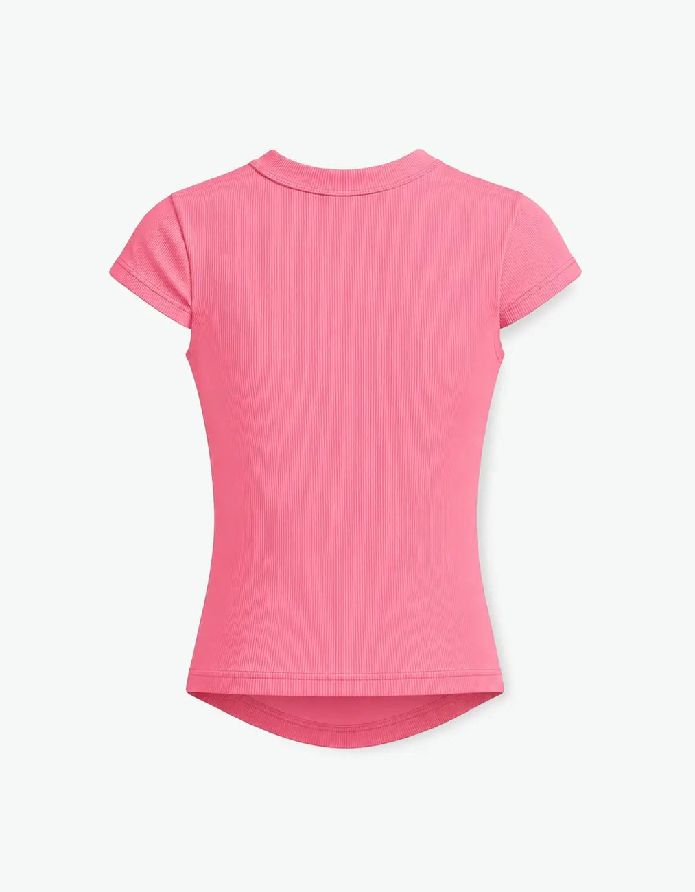 Pink ribbed short sleeve top for girls, back view, with the Laboosh™ logo on the chest, shown with coordinating Rib Collection staples.
