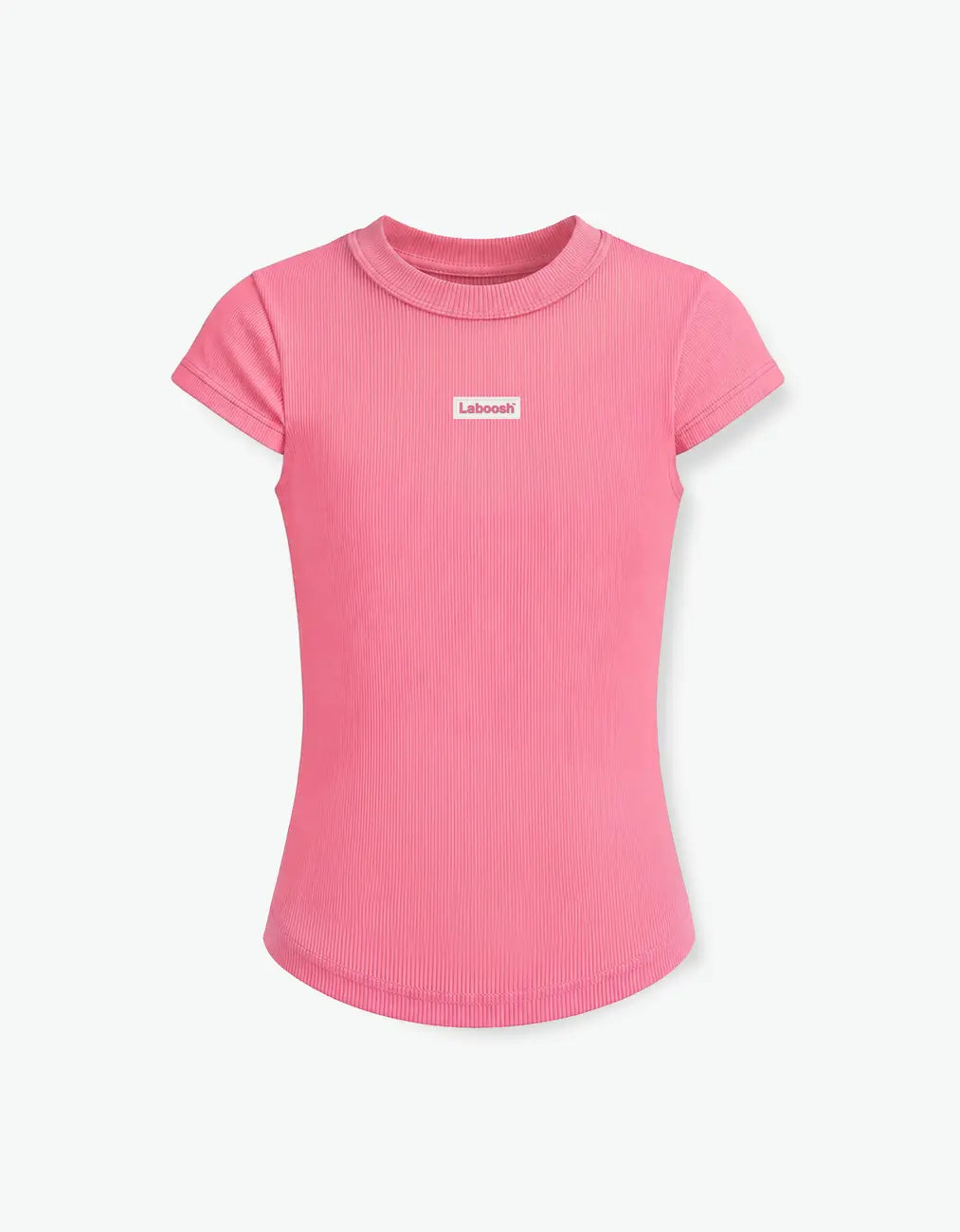 Girl in pink ribbed short sleeve top from Rib Collection, back view, with the Laboosh™ logo on the chest, styled with matching Rib Collection pieces.