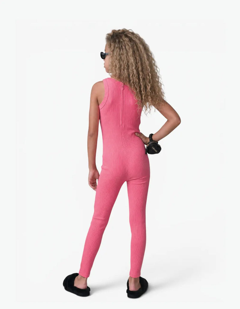 Pink ribbed romper with long pants for girls, back view on white background — alt view