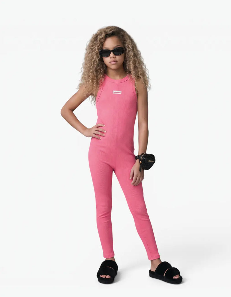 Pink ribbed romper with long pants for girls with Laboosh logo, front view on white background