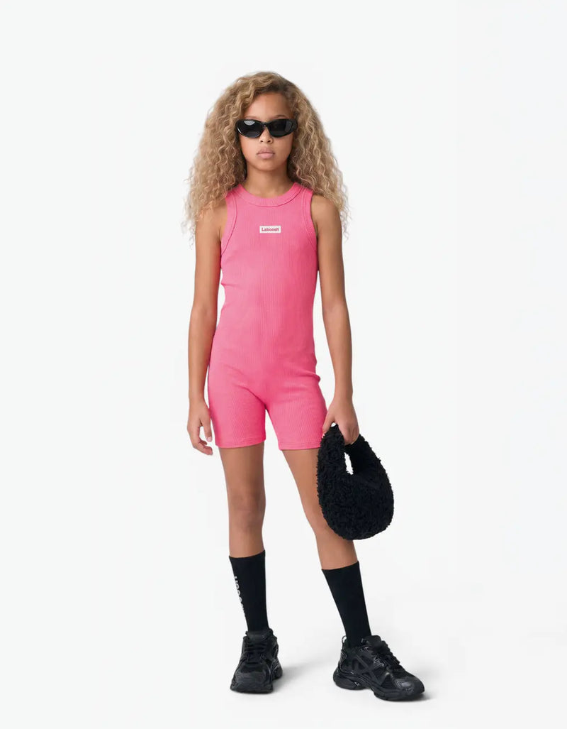 Pink ribbed short romper for girls with Laboosh logo, front view on white background
