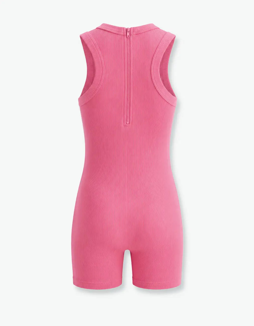 Pink ribbed short romper for girls, back flat lay on white background