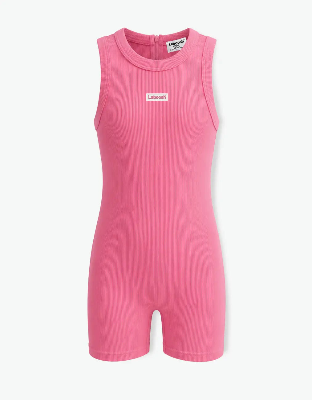 Pink ribbed short romper for girls with Laboosh logo, front flat lay on white background