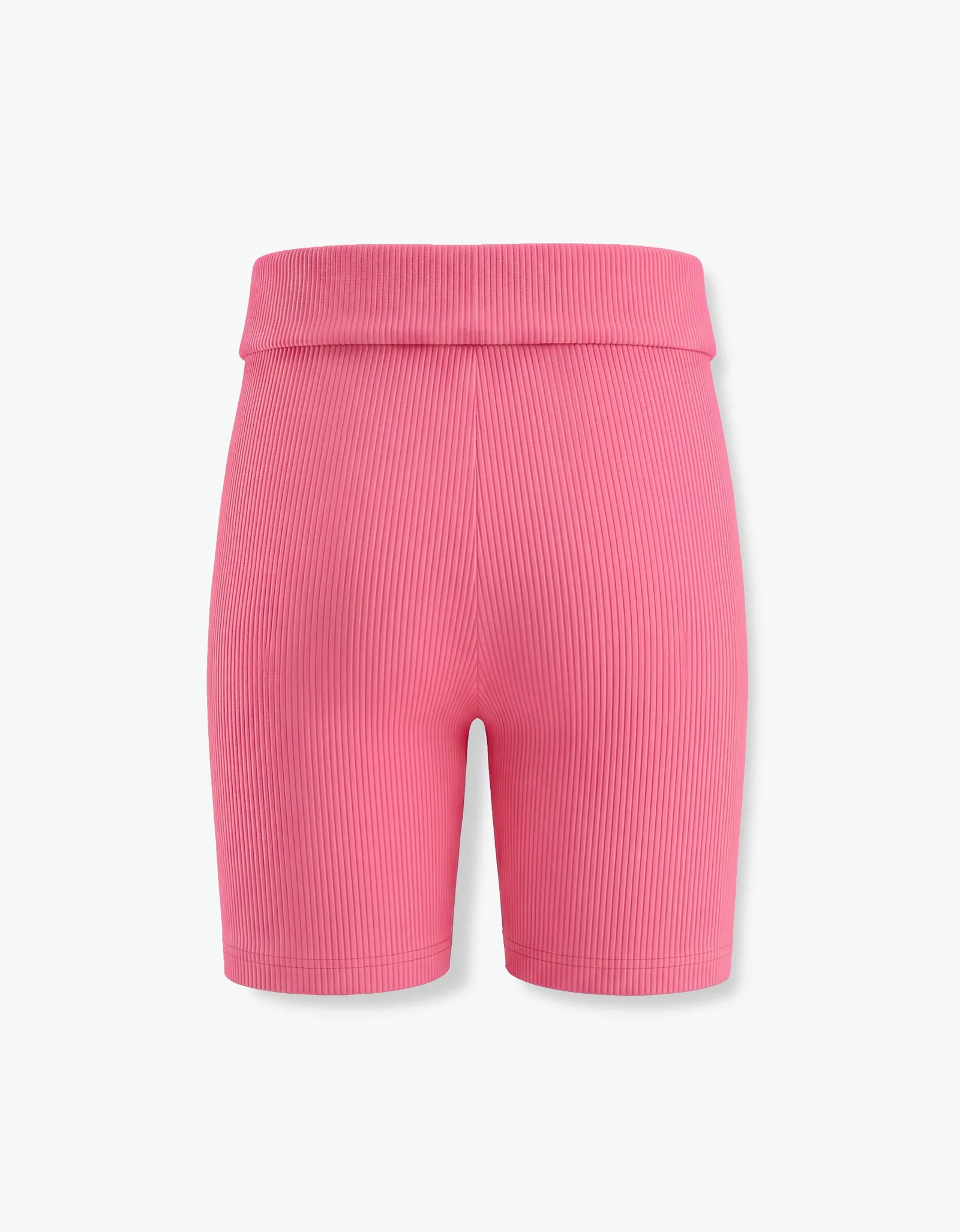 Pink ribbed biker leggings for girls, flat back view on white background