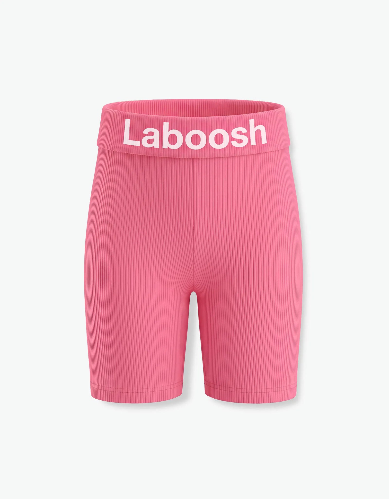 Pink ribbed biker leggings for girls with Laboosh logo waistband, flat front view on white background