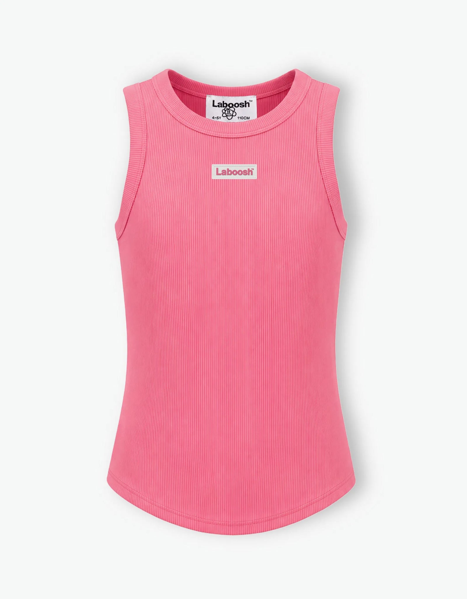 Pink ribbed tank top for girls by Laboosh™, flat front product shot of the sleeveless ribbed-knit tank with Laboosh™ logo on the chest on a white background